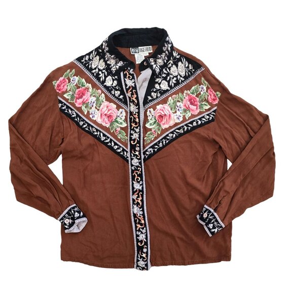 Vintage Together Womens Western Shirt With Floral design Brown 4H show shirt S - Picture 7 of 7
